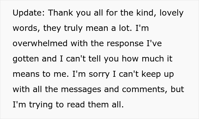 Text update expressing gratitude for support while struggling to keep up with all messages and comments. Text update expressing gratitude for support while struggling to keep up with all messages and comments.