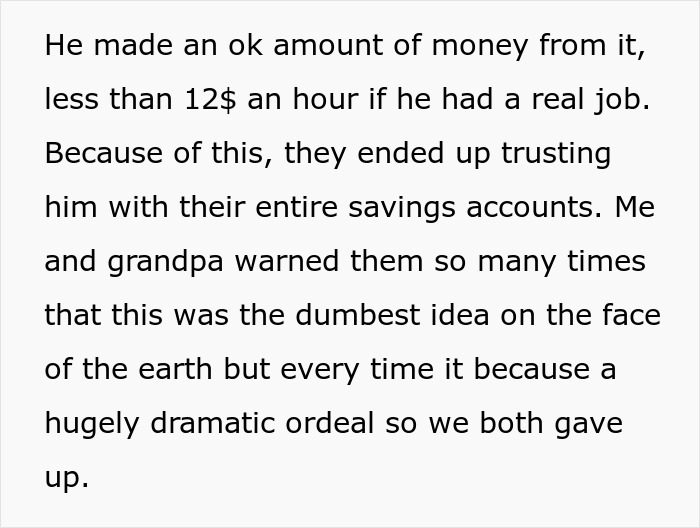 Text excerpt discussing a golden child who lost parents' money through crypto investments despite warnings. Text excerpt discussing a golden child who lost parents' money through crypto investments despite warnings.