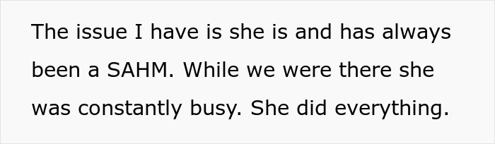 Text excerpt discussing a boyfriend's mother as a stay-at-home mom dealing with family expectations and constant busyness. Text excerpt discussing a boyfriend's mother as a stay-at-home mom dealing with family expectations and constant busyness.