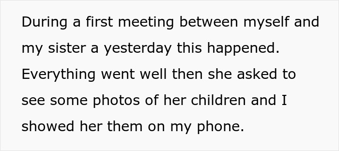 Text on a white background describing a first meeting between siblings and showing photos of children on a phone. Text on a white background describing a first meeting between siblings and showing photos of children on a phone.