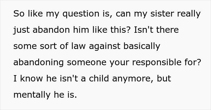 Text about a woman questioning her sister abandoning their autistic brother and legal responsibilities involved. Text about a woman questioning her sister abandoning their autistic brother and legal responsibilities involved.