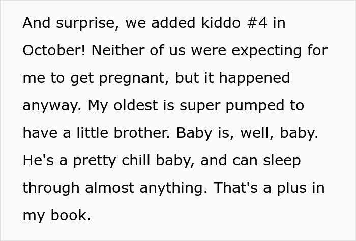 Text excerpt from a family update describing the arrival of a fourth child and the baby's easygoing nature. Text excerpt from a family update describing the arrival of a fourth child and the baby's easygoing nature.
