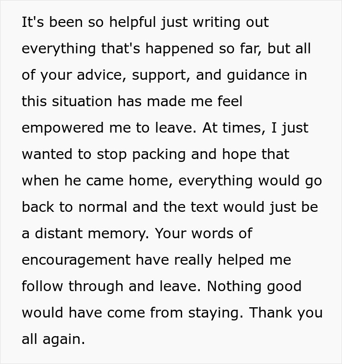 Text about feeling empowered to leave after a breakup, reflecting on advice and support during the situation. Text about feeling empowered to leave after a breakup, reflecting on advice and support during the situation.