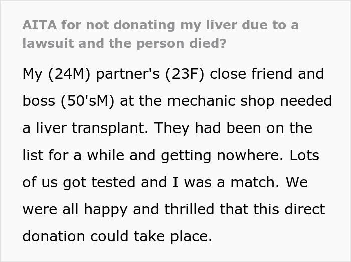 Text excerpt about refusing to donate liver leading to a lawsuit and the resulting emotional impact on those involved.