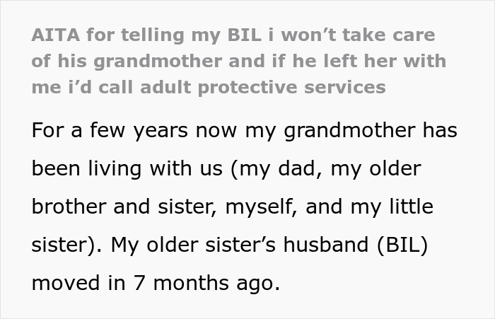 Text excerpt about a brother-in-law trying to dump grandmother care on wife’s siblings, sister refusing and called selfish. Text excerpt about a brother-in-law trying to dump grandmother care on wife’s siblings, sister refusing and called selfish.