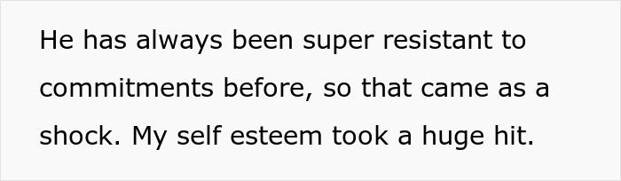 Text excerpt showing a personal experience describing shock and self-esteem impact in a relationship break every year context.
