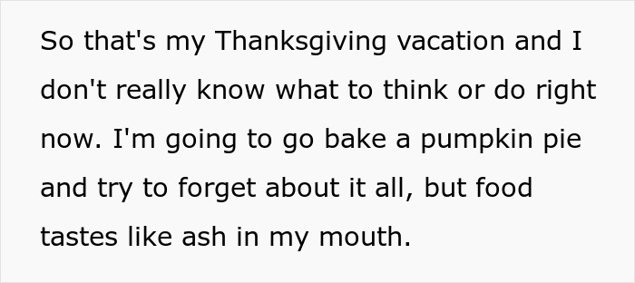 Text on screen showing emotional message about Thanksgiving vacation and food tastes, highlighting parents lied food allergies no contact.