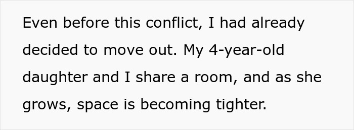 Text about moving out and sharing a room with a 4-year-old daughter, highlighting space becoming tighter. Text about moving out and sharing a room with a 4-year-old daughter, highlighting space becoming tighter.