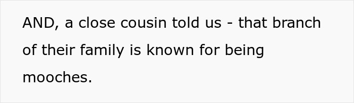 Text excerpt about a close cousin describing a family branch known for being mooches and distant relatives. Text excerpt about a close cousin describing a family branch known for being mooches and distant relatives.