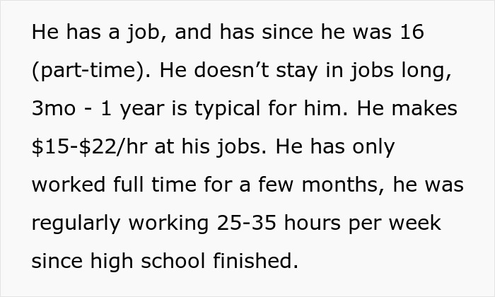 Text excerpt about a 20-year-old with short-term jobs earning $15-$22/hr, working 25-35 hours weekly after high school. Text excerpt about a 20-year-old with short-term jobs earning $15-$22/hr, working 25-35 hours weekly after high school.