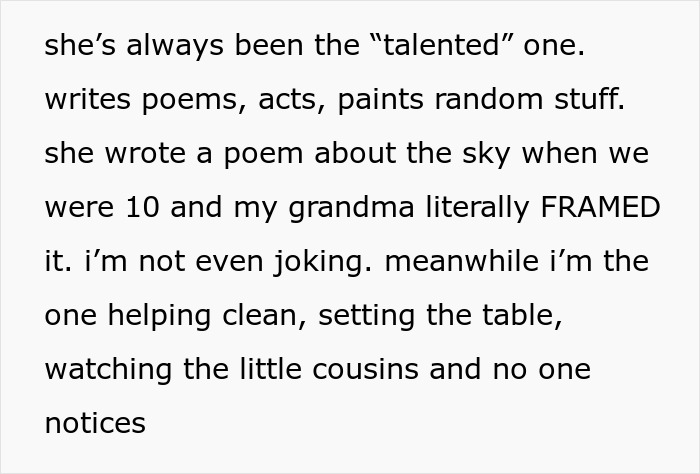 Text describing a golden child cousin overshadowing teen’s celebration, causing the teen to lose patience and snap. Text describing a golden child cousin overshadowing teen’s celebration, causing the teen to lose patience and snap.