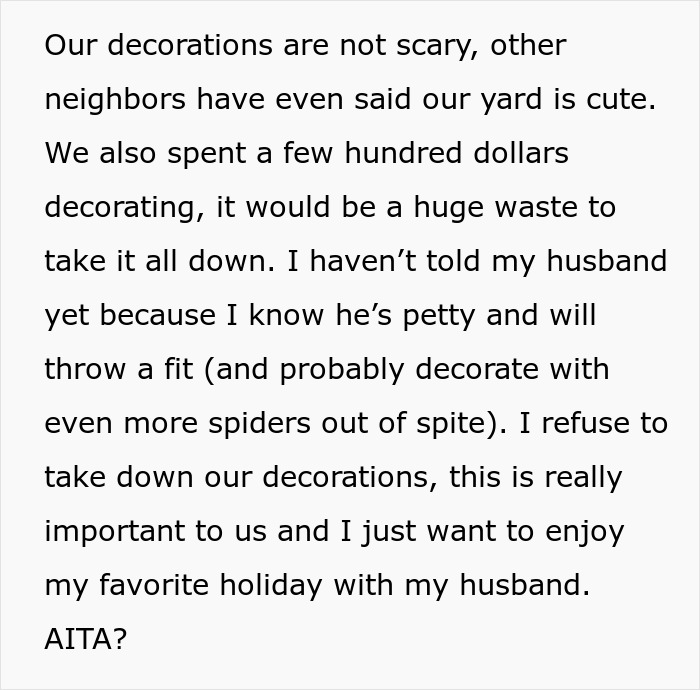 Couple refuses to take down Halloween decor despite neighbor’s threat, highlighting the holiday decoration dispute in their yard.