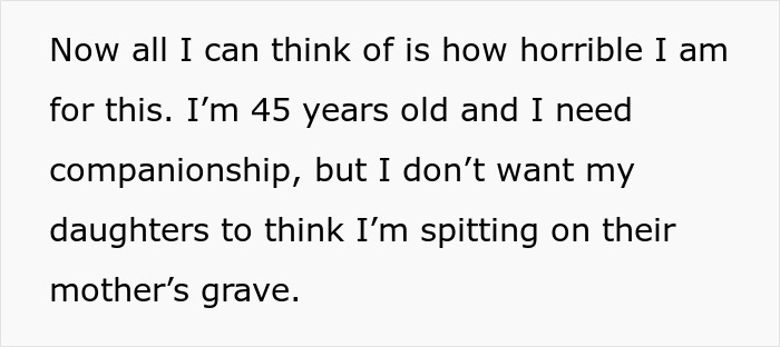 ALT text: Man reflects on dating after dying wife’s wishes, facing judgment from daughter calling him a cheater. ALT text: Man reflects on dating after dying wife’s wishes, facing judgment from daughter calling him a cheater.