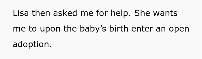 Text on a white background stating a woman asks for help to enter an open adoption for her miracle baby after realizing she can’t afford it.