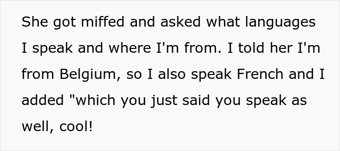 Woman embarrasses new colleague by confidently speaking in a language she claimed to know well during a conversation. Woman embarrasses new colleague by confidently speaking in a language she claimed to know well during a conversation.