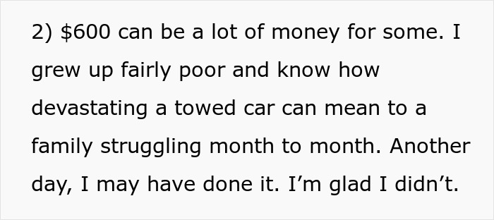 Text showing a personal story about the impact of a towed car on struggling families and the emotional toll it causes. Text showing a personal story about the impact of a towed car on struggling families and the emotional toll it causes.