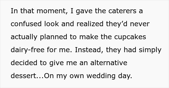 Bride expressing disappointment as wedding vendors fail to provide allergy-friendly cupcakes on her wedding day. Bride expressing disappointment as wedding vendors fail to provide allergy-friendly cupcakes on her wedding day.