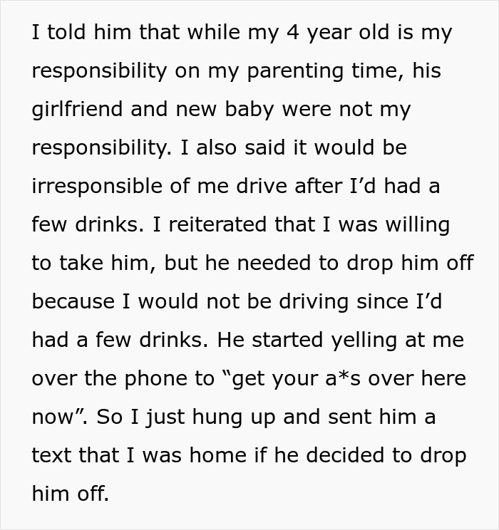 Text excerpt about mom refusing to drive drunk to pick up 4-year-old, causing argument with ex while his girlfriend is in labor.