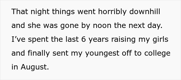 Text excerpt about a dying wife, husband raising daughters, and sending youngest daughter off to college. Text excerpt about a dying wife, husband raising daughters, and sending youngest daughter off to college.