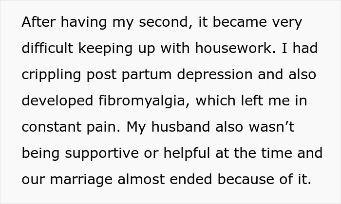 Text describing a tired mom facing challenges with housework, postpartum depression, and lack of support. Text describing a tired mom facing challenges with housework, postpartum depression, and lack of support.
