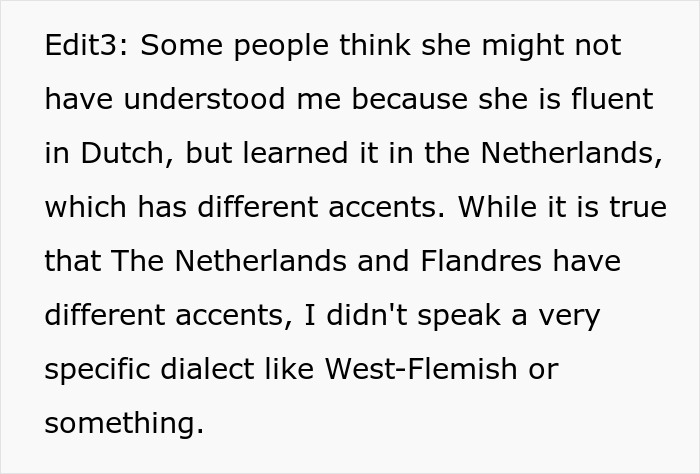 Text discussing differences in Dutch accents and dialects, related to a woman embarrassing a new colleague. Text discussing differences in Dutch accents and dialects, related to a woman embarrassing a new colleague.