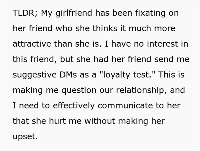 Man rethinking relationship after girlfriend’s loyalty test sends suggestive messages from a friend.