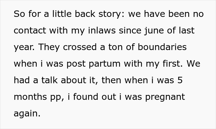 Text explaining no contact with toxic in-laws postpartum, highlighting couple’s boundary setting around newborn visits. Text explaining no contact with toxic in-laws postpartum, highlighting couple’s boundary setting around newborn visits.