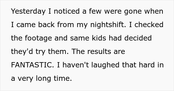 Text excerpt showing a woman torn between laughter and guilt after her hot revenge on neighborhood kids works like magic.