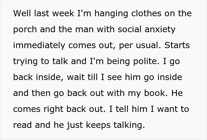 Text excerpt about a mom using a privacy sheet to escape talkative neighbors while her husband calls her rude.