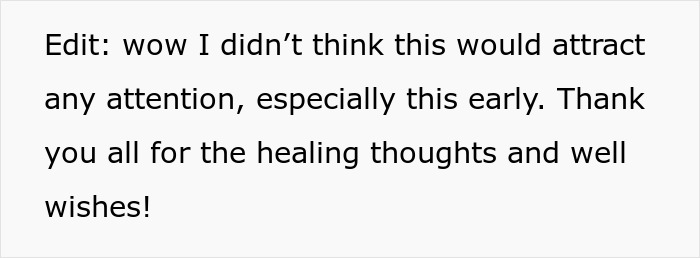 Text post showing a user thanking others for healing thoughts after a family emergency involving a guy using a boys trip as a disguise. Text post showing a user thanking others for healing thoughts after a family emergency involving a guy using a boys trip as a disguise.