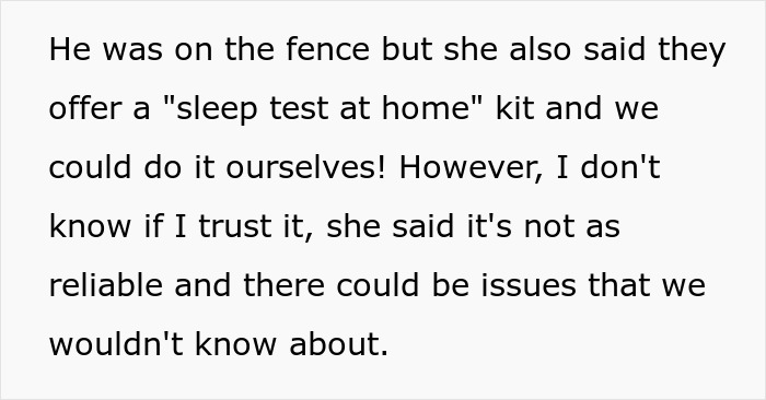 Text excerpt discussing uncertainty about the reliability of a sleep test at home kit and related concerns.