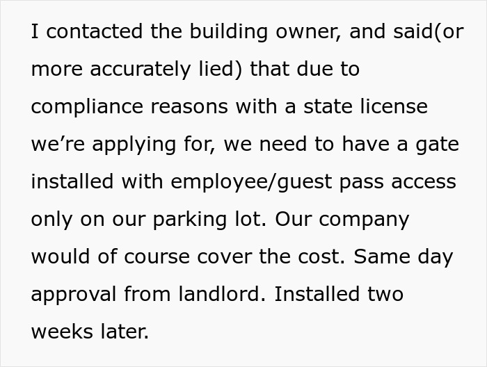 Text about contacting building owner to install a gate with employee guest pass access in daycare parking lot for compliance. Text about contacting building owner to install a gate with employee guest pass access in daycare parking lot for compliance.