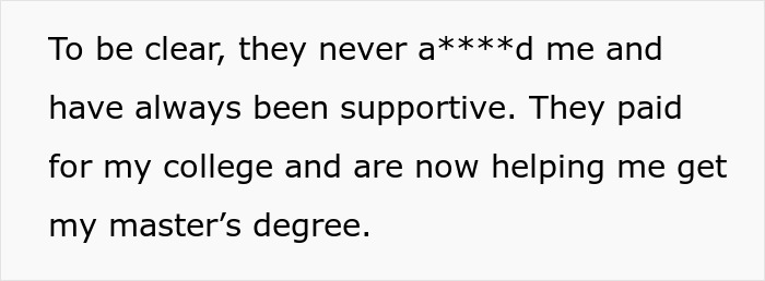 Text excerpt discussing supportive parents who funded college and are helping with a master’s degree, related to confront parents DNA test. Text excerpt discussing supportive parents who funded college and are helping with a master’s degree, related to confront parents DNA test.