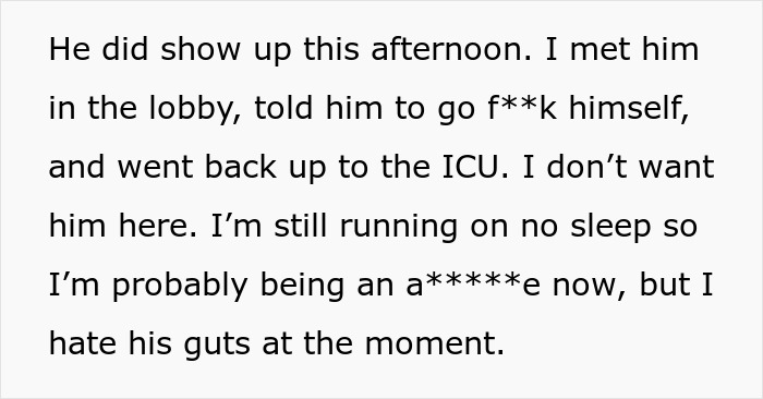 Text showing a person refusing to come home during a family emergency, using boys trip as a disguise for affair. Text showing a person refusing to come home during a family emergency, using boys trip as a disguise for affair.