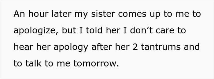 Text excerpt showing a woman refusing her sister's apology after two tantrums, highlighting no-contact after Thanksgiving. Text excerpt showing a woman refusing her sister's apology after two tantrums, highlighting no-contact after Thanksgiving.