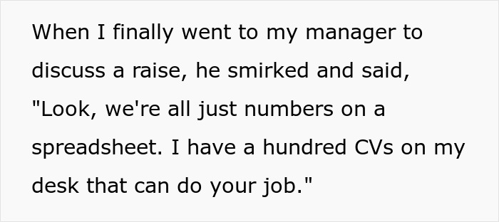 Text excerpt about a manager smirking and referring to employees as easily replaceable on spreadsheets. Text excerpt about a manager smirking and referring to employees as easily replaceable on spreadsheets.