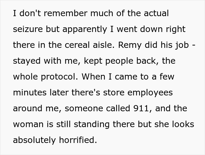 Text excerpt describing a store seizure incident involving a service dog keeping people back and a horrified woman nearby. Text excerpt describing a store seizure incident involving a service dog keeping people back and a horrified woman nearby.