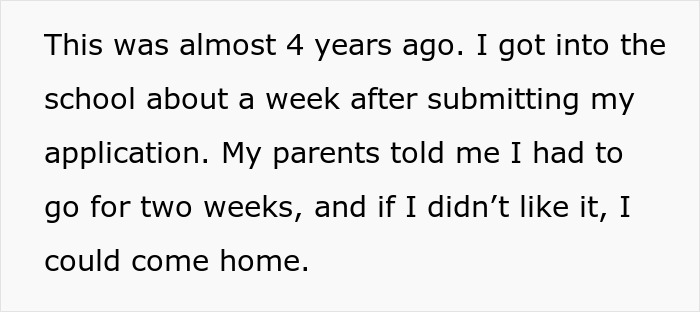 Text excerpt describing a teen’s experience being sent to boarding school by parents, reflecting on their emotions. Text excerpt describing a teen’s experience being sent to boarding school by parents, reflecting on their emotions.