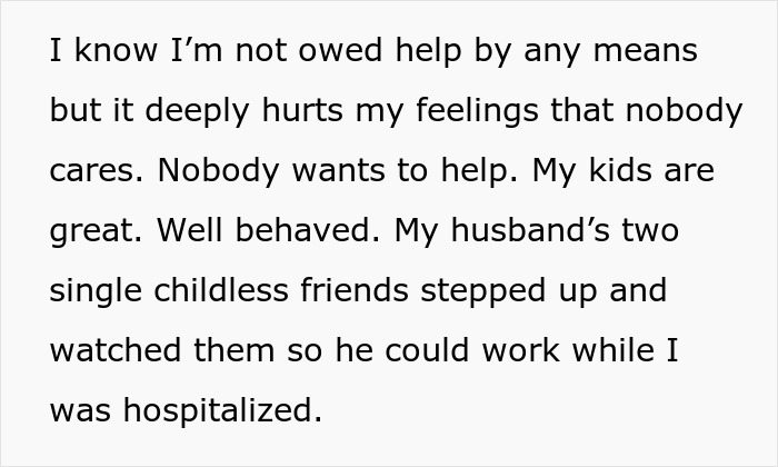Woman with two kids struggles to get support after surgery, expressing feelings of hurt and isolation.