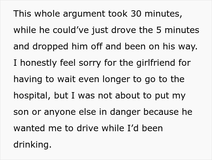 Text excerpt discussing a mom refusing to drive drunk to pick up her child while ex argues and his girlfriend is in labor.