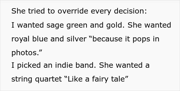 Text excerpt from a story about a MIL trying to be the center of attention during wedding and conflicting outfit choices. Text excerpt from a story about a MIL trying to be the center of attention during wedding and conflicting outfit choices.