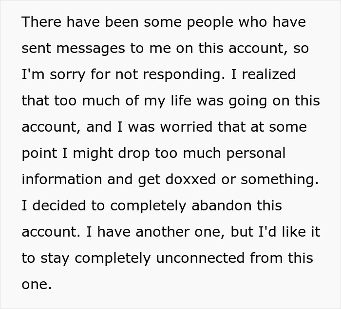 Text message explaining decision to abandon account due to privacy concerns about sharing personal info and getting doxxed. Text message explaining decision to abandon account due to privacy concerns about sharing personal info and getting doxxed.