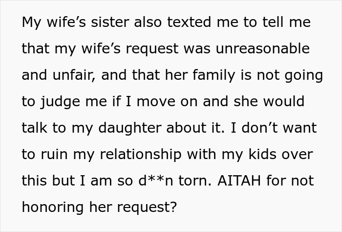 Text message discussing dying wife’s request not to date after she’s gone, daughter calling husband a cheater. Text message discussing dying wife’s request not to date after she’s gone, daughter calling husband a cheater.