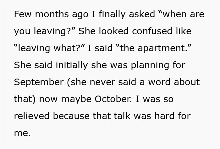 Text showing a conversation about a homeless friend living with a couple, causing tension after months of mooching.