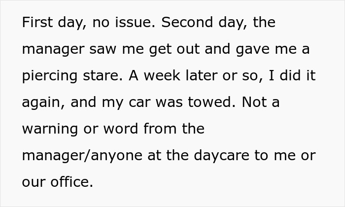 Text describing a greedy daycare manager towing a guy’s car, leading to chaos in the parking lot.
