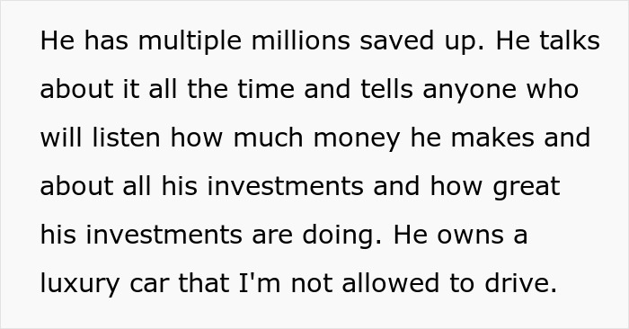 Text about a millionaire boyfriend who frequently discusses his investments and owns a luxury car not driven by his girlfriend.