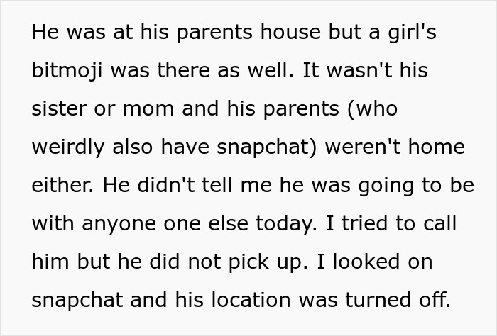 Text excerpt showing a man announces to everyone except his girlfriend about their breakup, with Snapchat and location details. Text excerpt showing a man announces to everyone except his girlfriend about their breakup, with Snapchat and location details.