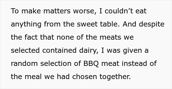 Text excerpt discussing issues with wedding vendors leaving bride with no cupcakes due to allergy and meal mix-up. Text excerpt discussing issues with wedding vendors leaving bride with no cupcakes due to allergy and meal mix-up.
