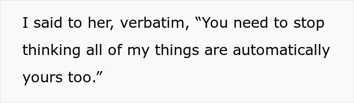 Text on a white background reads a direct quote about setting boundaries over personal belongings among siblings.