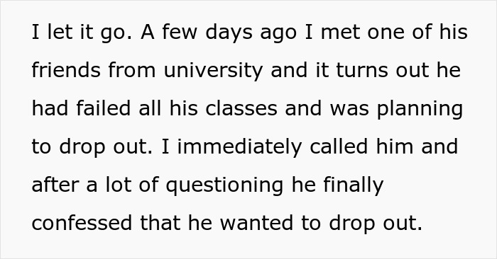 Text excerpt showing a 23-year-old demanding an allowance from a rich golden child due to feeling traumatized.